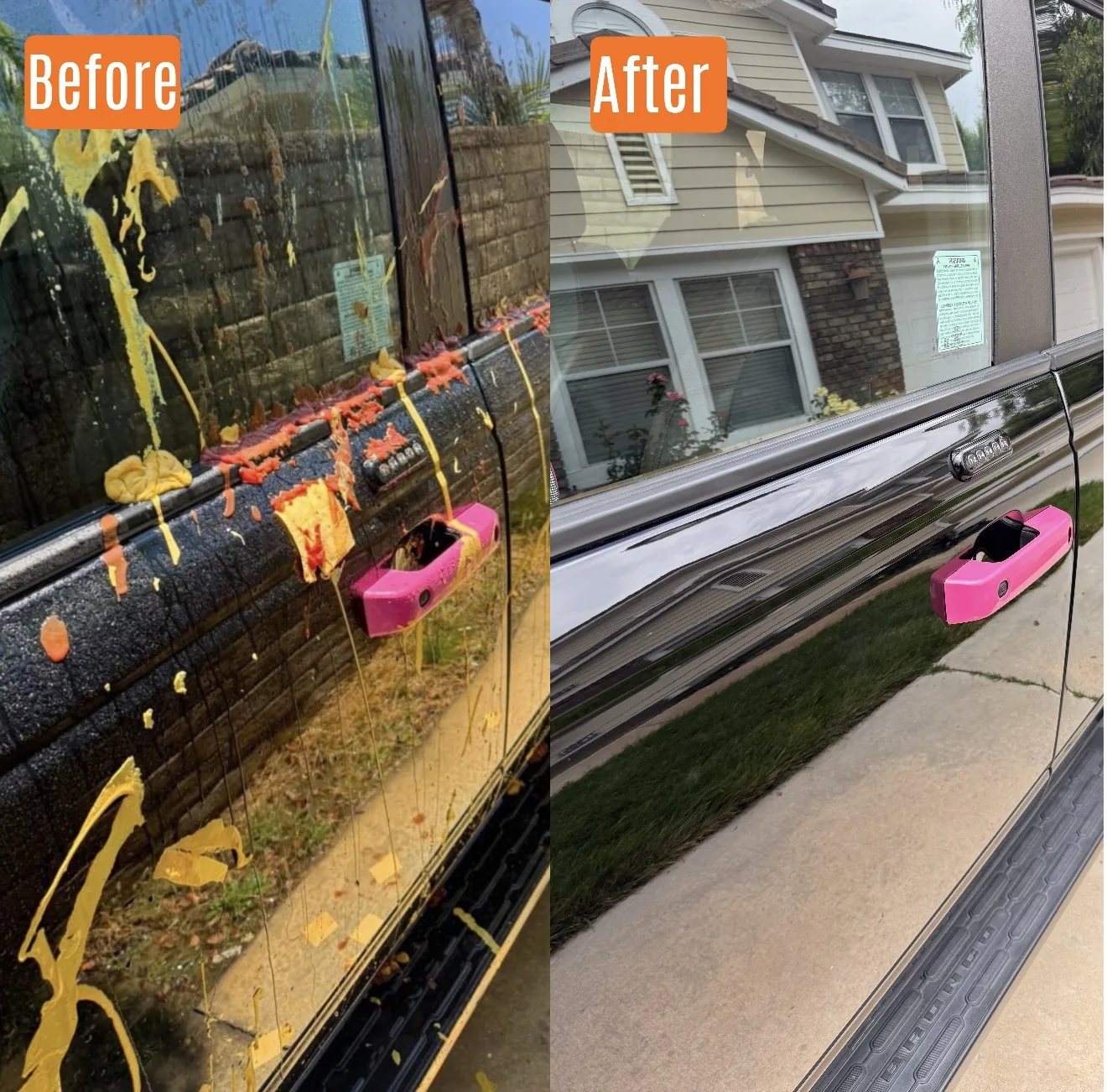 Before and after exterior detail removing mustard vandalism from a Ford Bronco door in Santa Clarita, CA