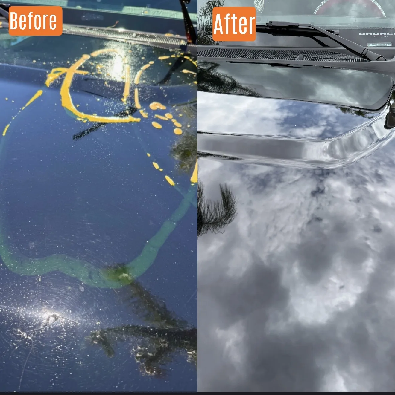 Before and after exterior detail removing mustard vandalism from a Ford Bronco windshield in Santa Clarita, CA