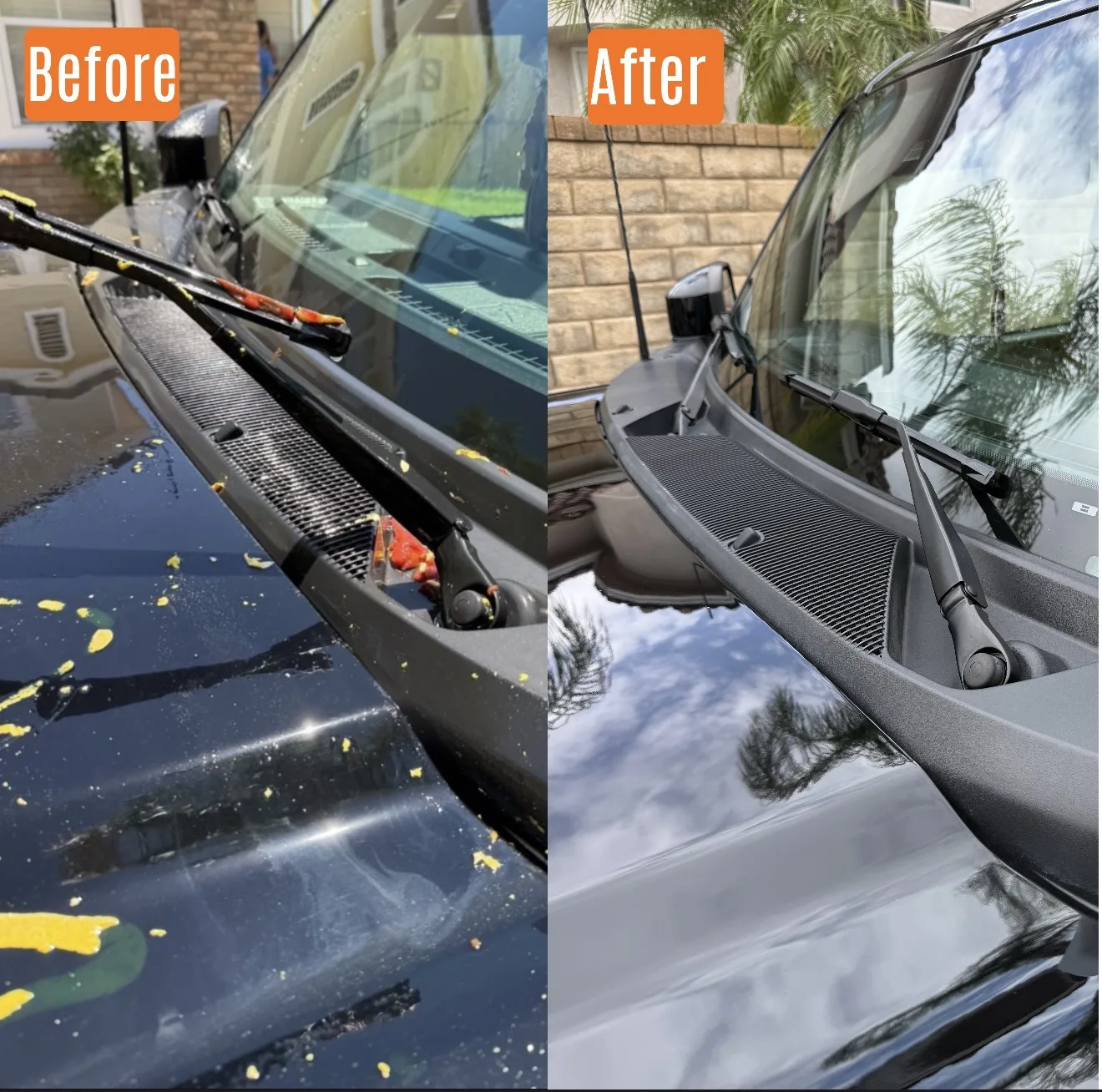 Before and after exterior detail removing mustard vandalism from a Ford Bronco wiper cowl in Santa Clarita, CA