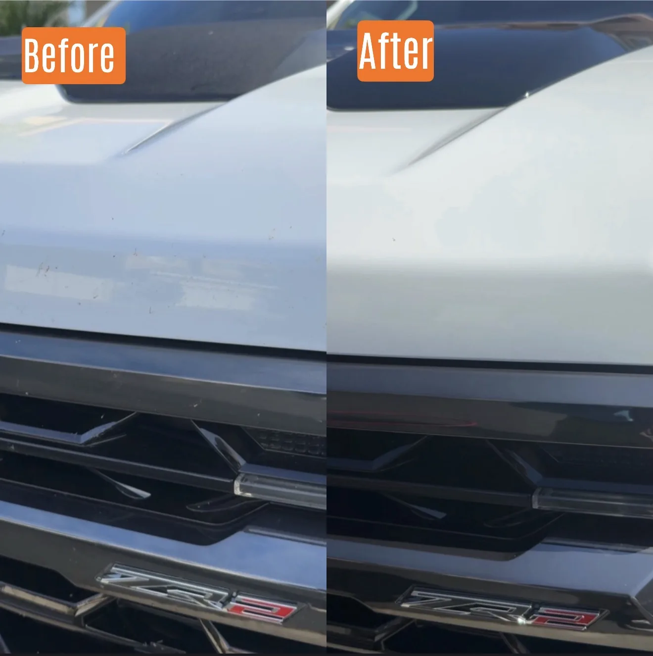 Before and after exterior detail on a Chevy ZR2 hood and grille in Santa Clarita, CA