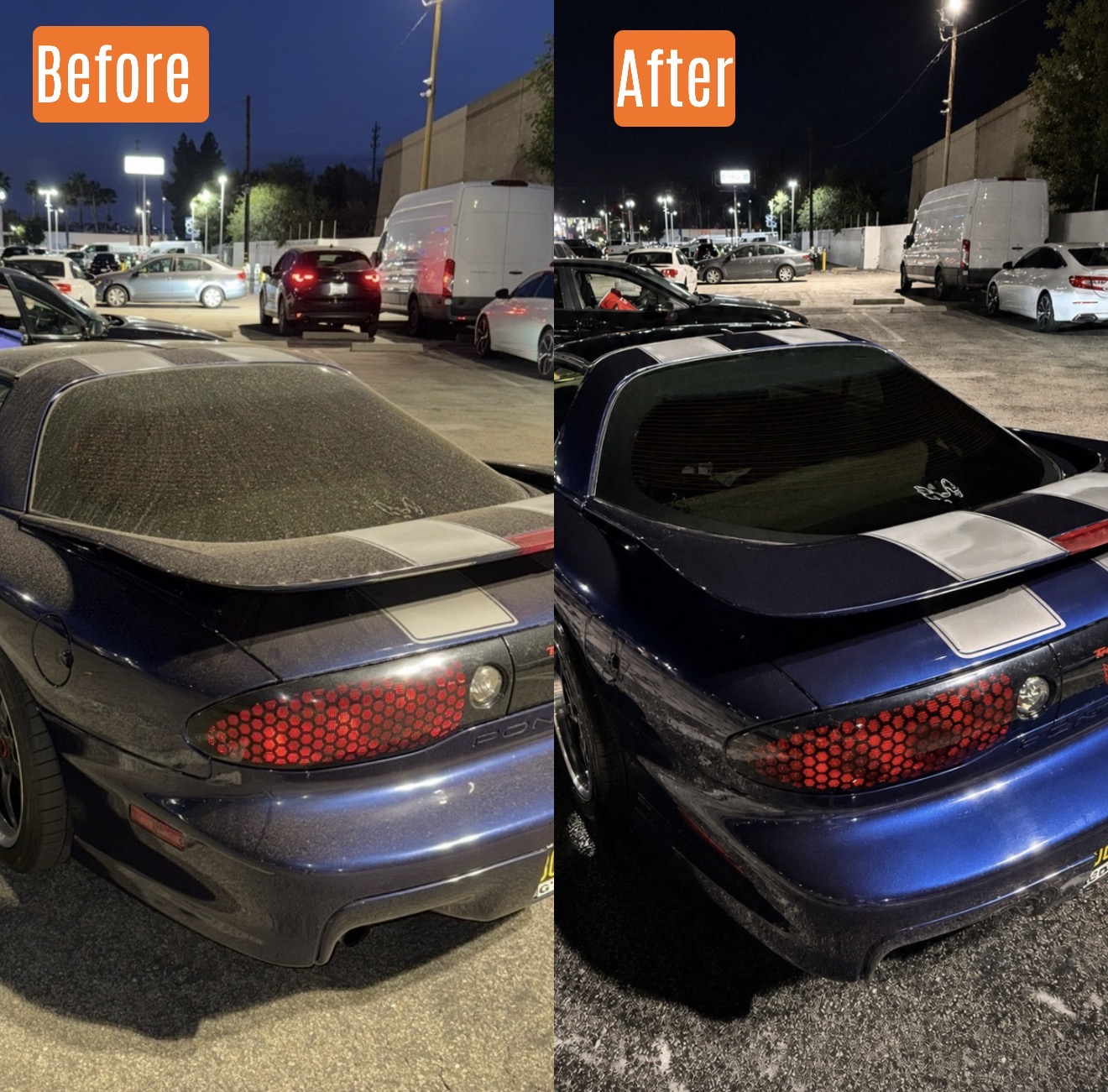 Before and after exterior detail on a Pontiac Trans Am in Santa Clarita, CA