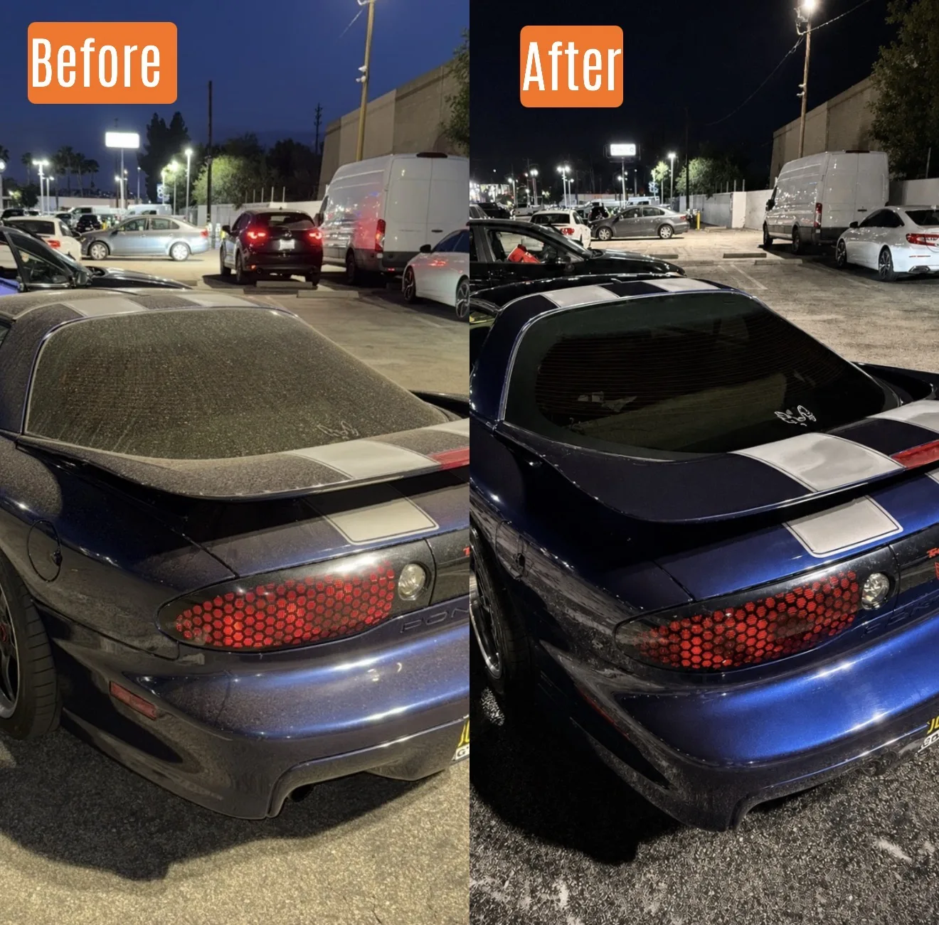 Before and after exterior detail on a Pontiac Trans Am in Santa Clarita, CA