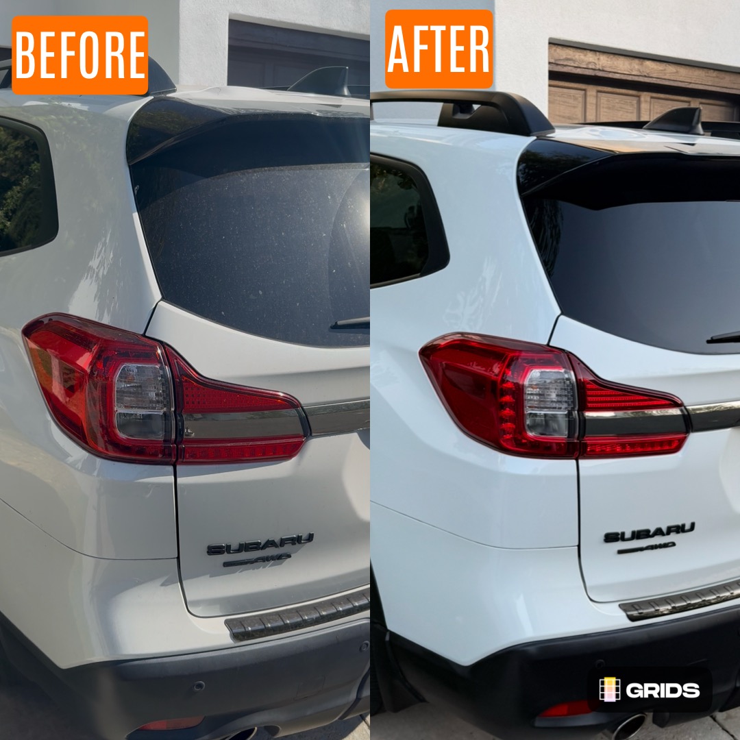 Before and after exterior detail on a white Subaru in Santa Clarita, CA