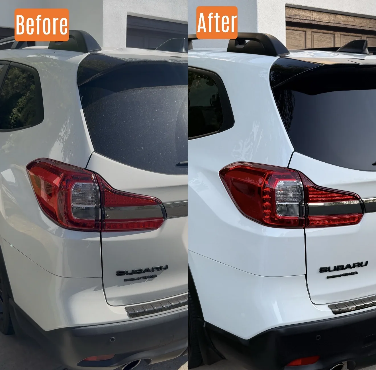 Before and after exterior detail on rear glass and taillights on a white Subaru in Santa Clarita, CA