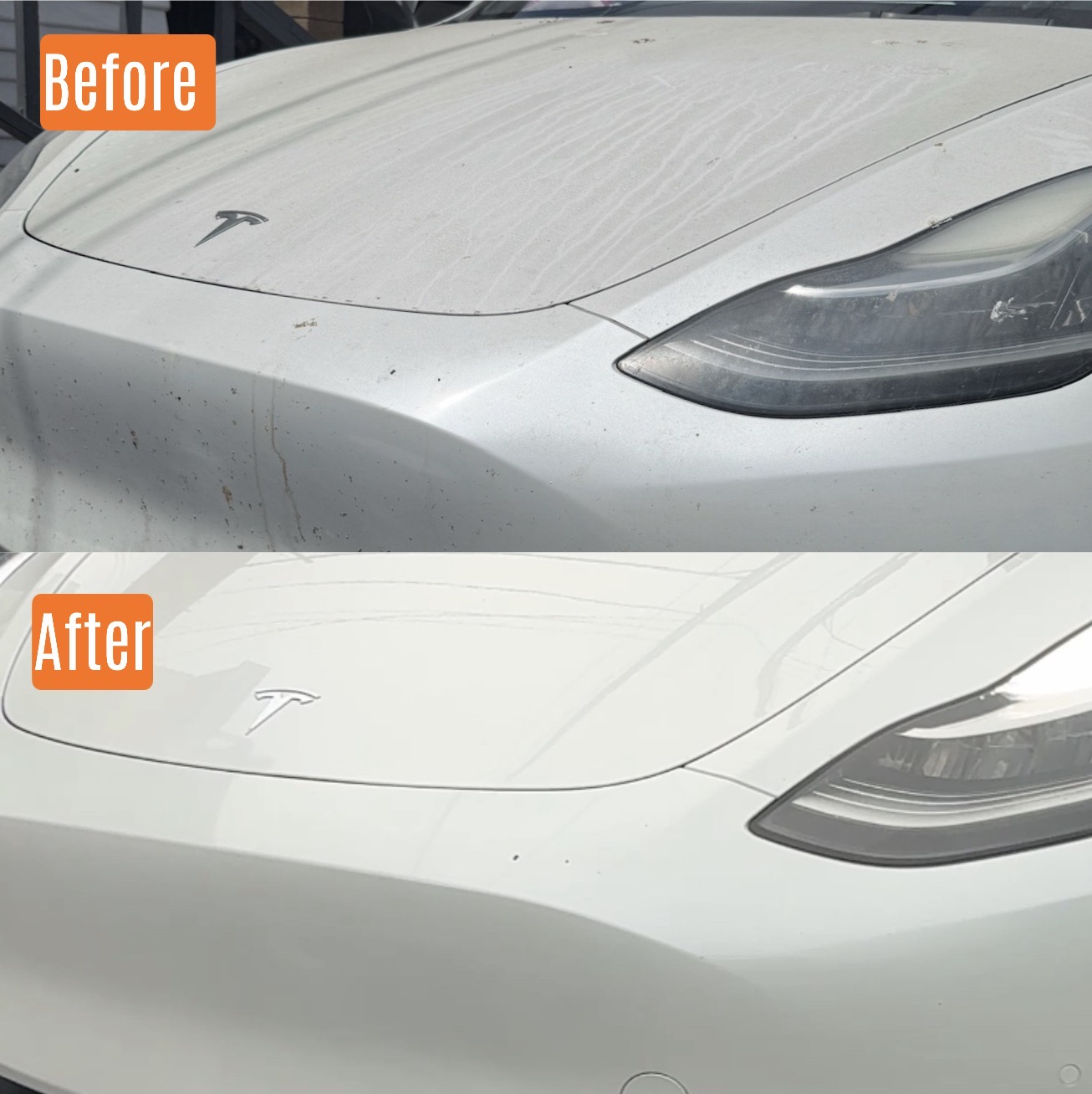 Before and after exterior detail on a white Tesla in Santa Clarita, CA