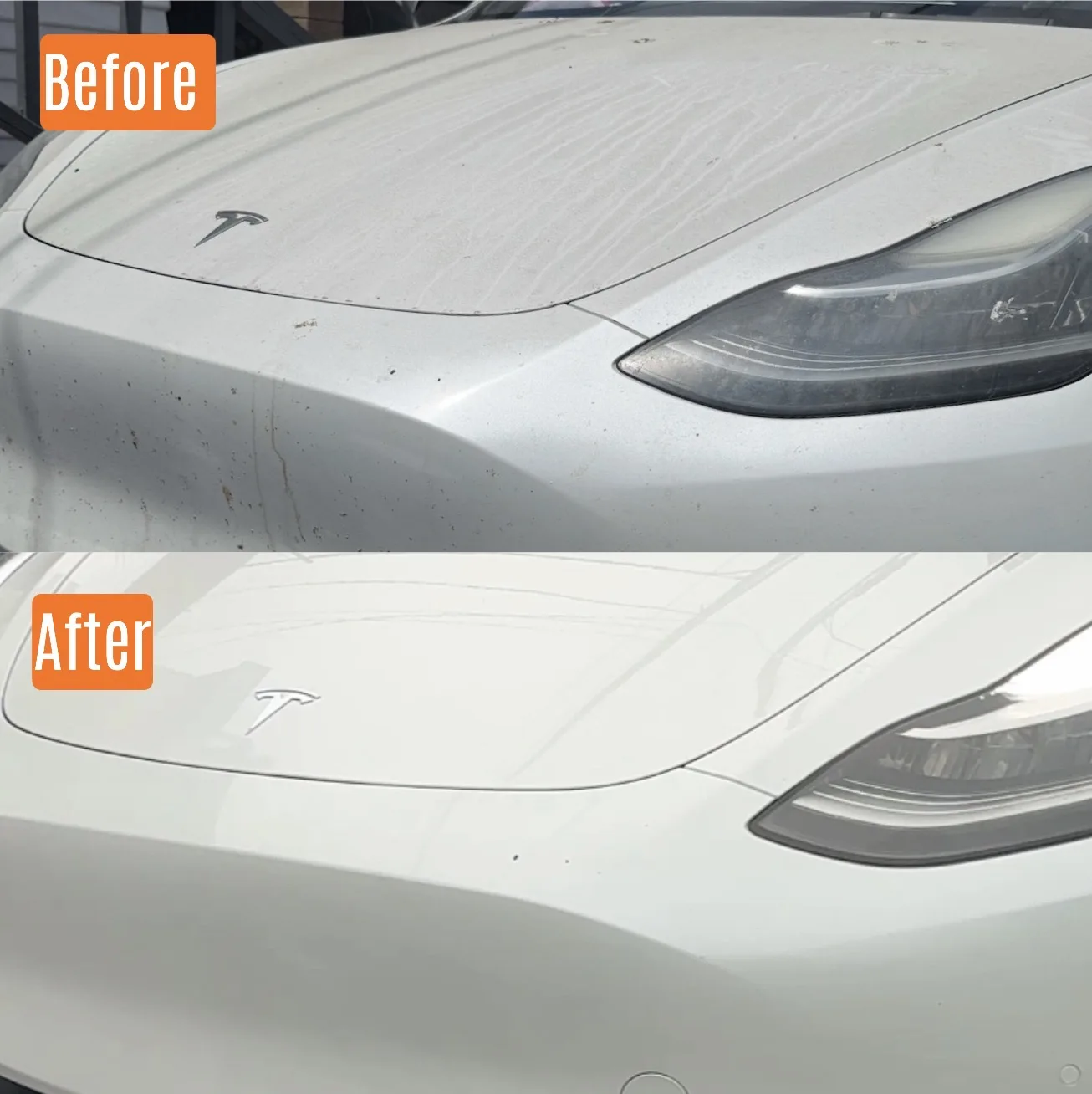 Before and after exterior detail on a white Tesla in Santa Clarita, CA