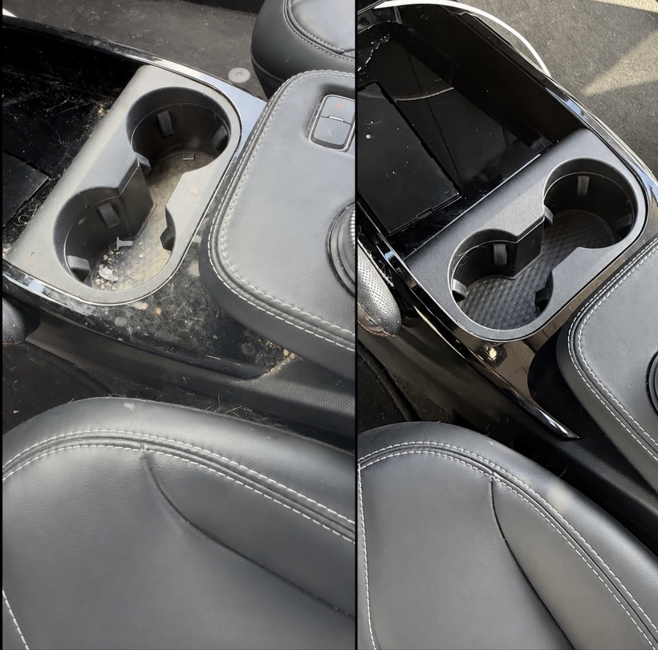 Before and after interior detail on cup holders and console in Santa Clarita, CA