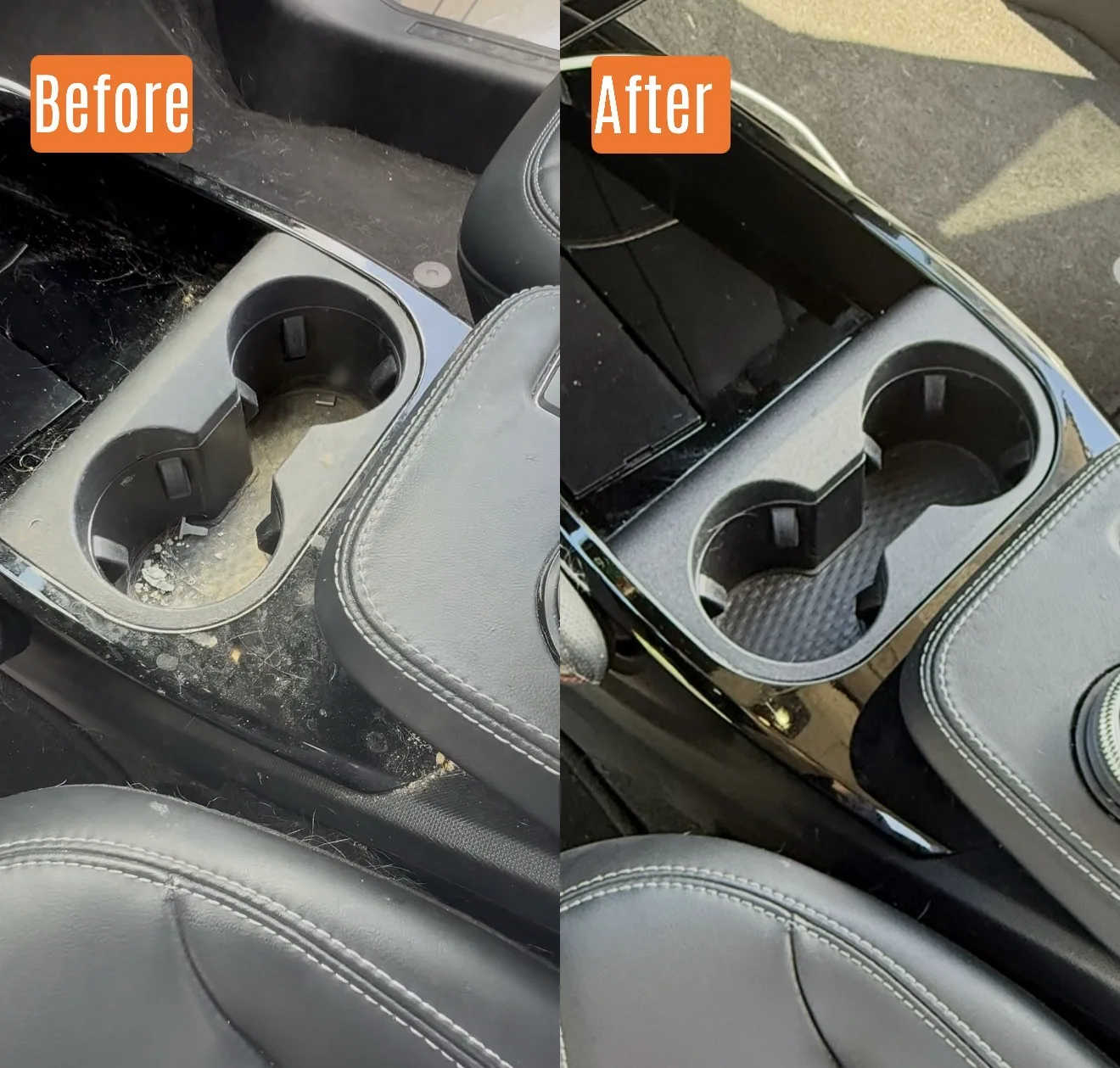 Before and after interior detail on a dusty center console in Santa Clarita, CA