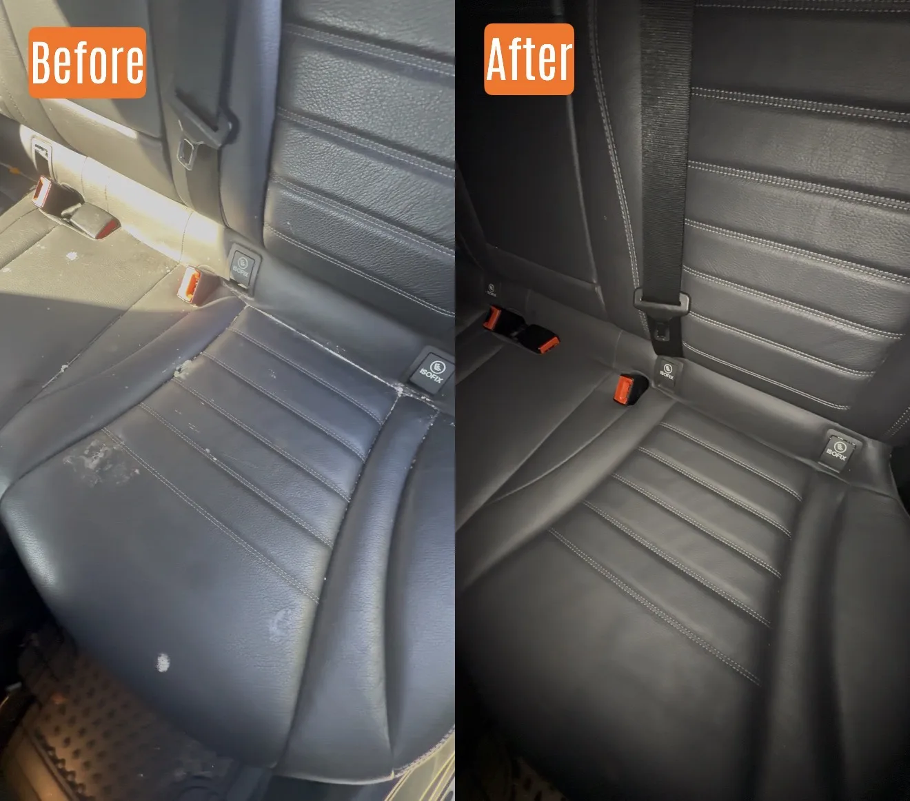 Before and after leather rear seat cleaning in Santa Clarita, CA