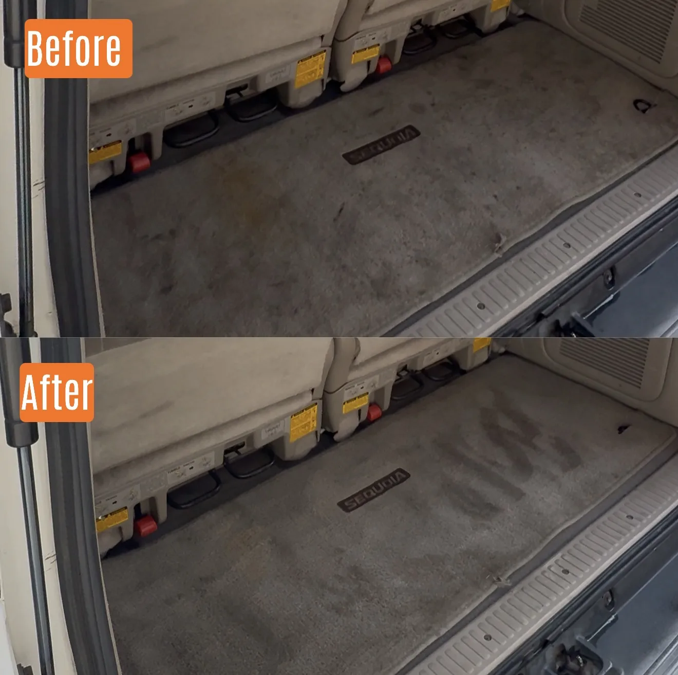 Before and after interior deep clean on a Toyota Sequoia cargo in Santa Clarita, CA