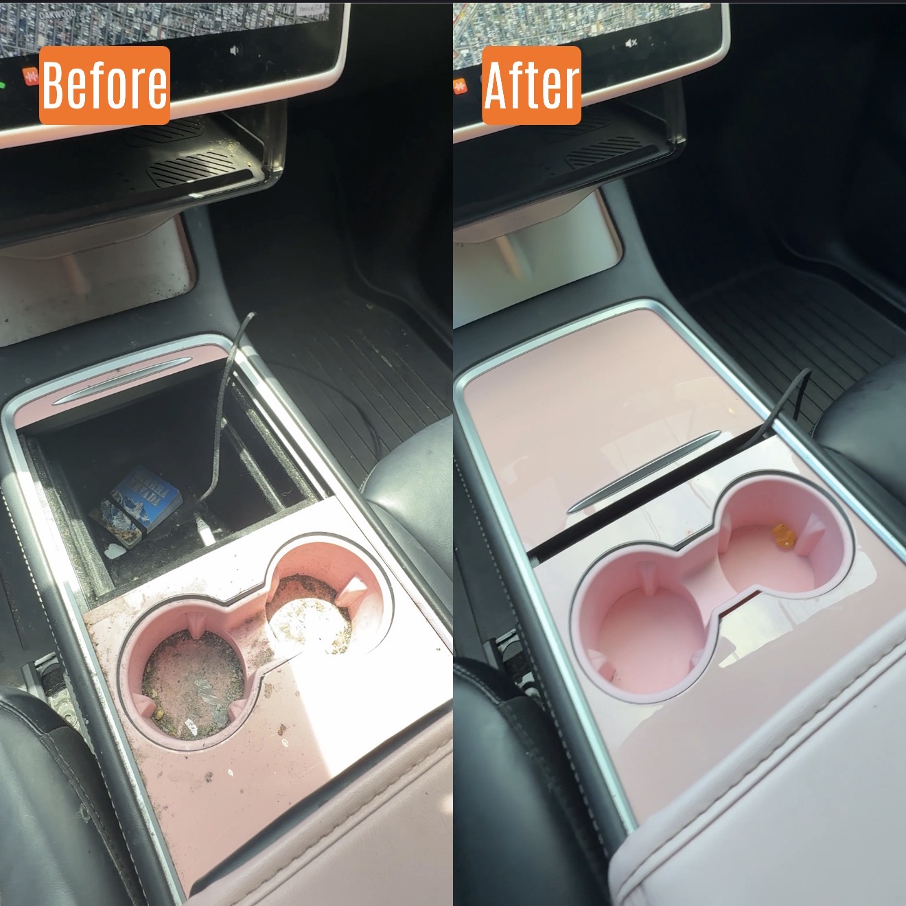 Before and after interior deep clean on a Tesla Model Y in Santa Clarita, CA