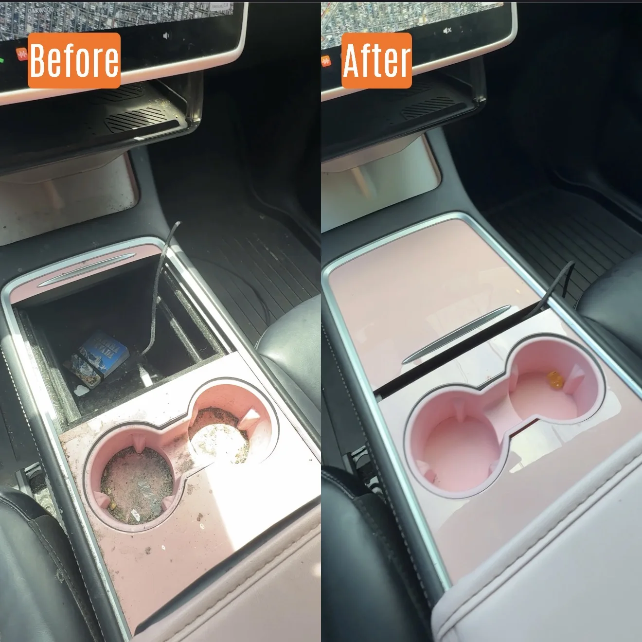 Before and after interior deep clean on a Tesla Model Y in Santa Clarita, CA
