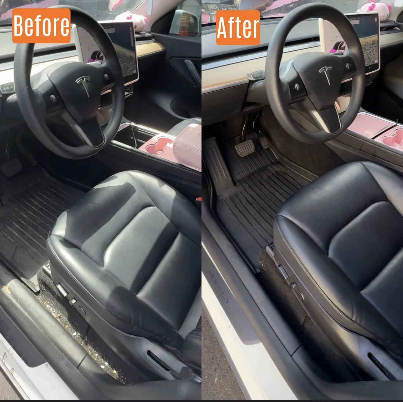 Before and after interior detail on a Tesla Model 3 in Santa Clarita, CA
