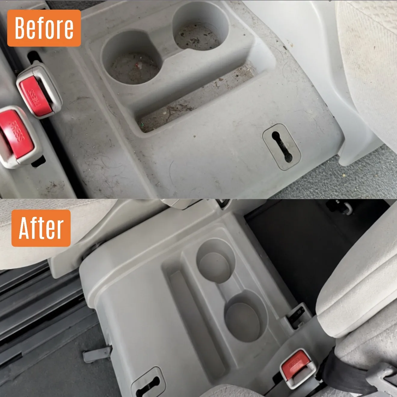 Before and after interior detail on rear console in Santa Clarita, CA
