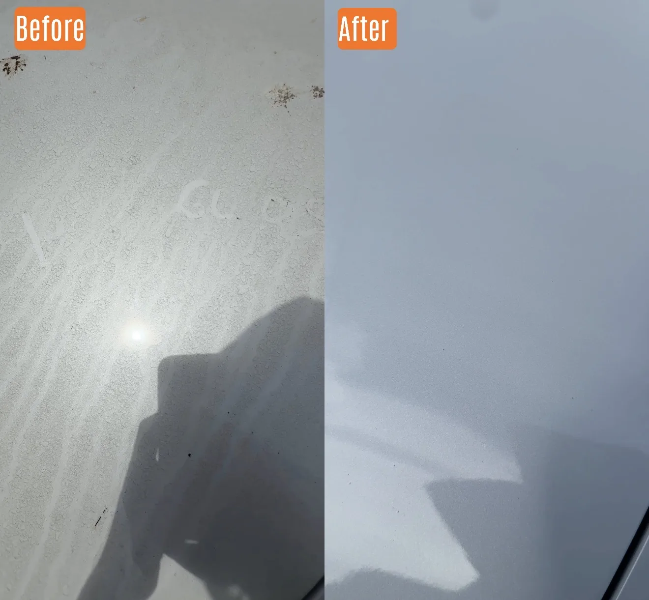 Before and after paint decontamination on a white car in Santa Clarita, CA
