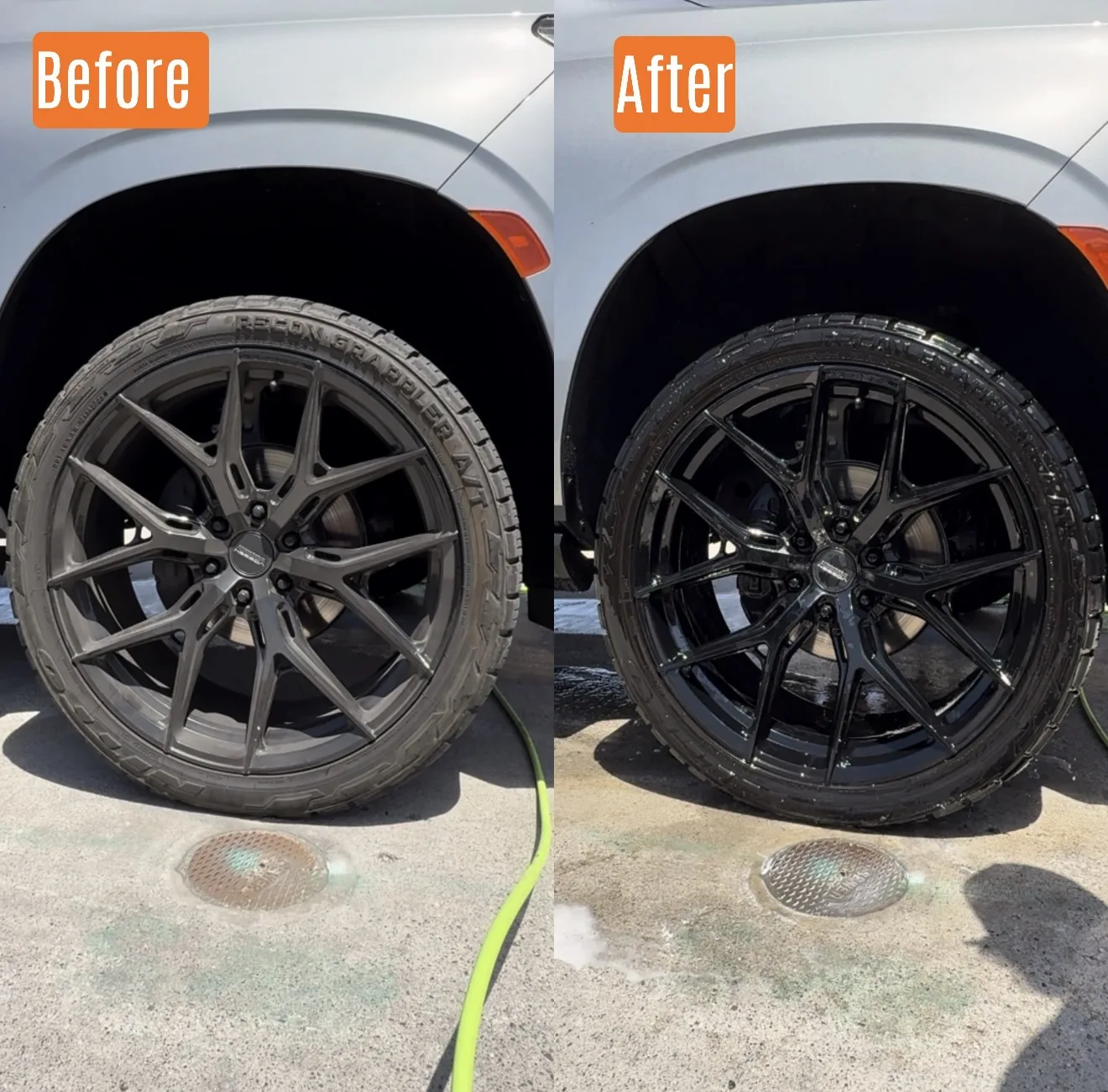 Before and after wheel and tire detail on an SUV in Santa Clarita, CA
