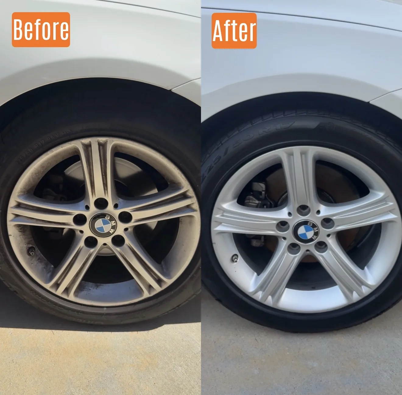 Before and after wheel detail on a BMW alloy wheel in Santa Clarita, CA