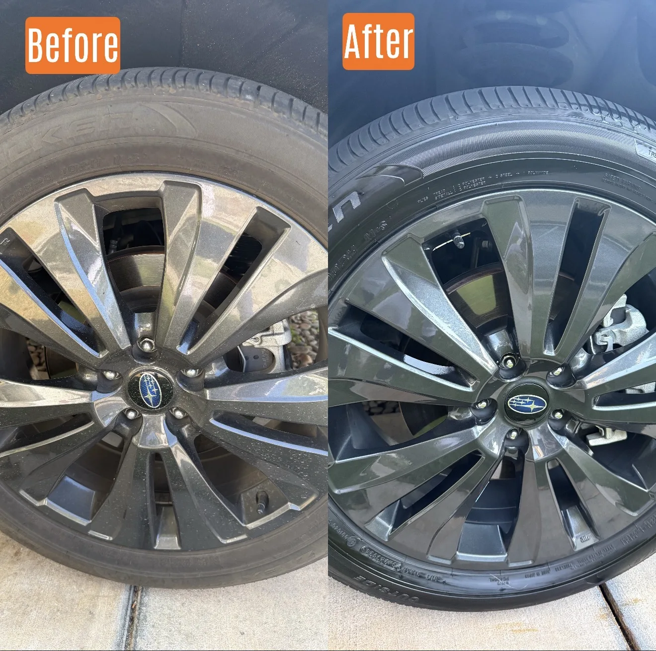 Before and after wheel detail on a Subaru alloy wheel in Santa Clarita, CA