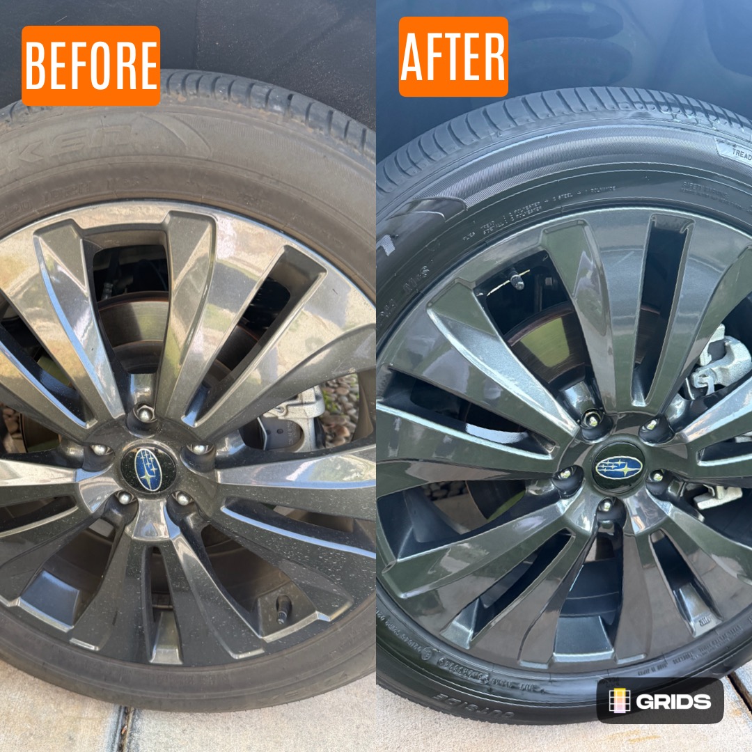 Before and after wheel and tire detail on a Subaru in Santa Clarita, CA