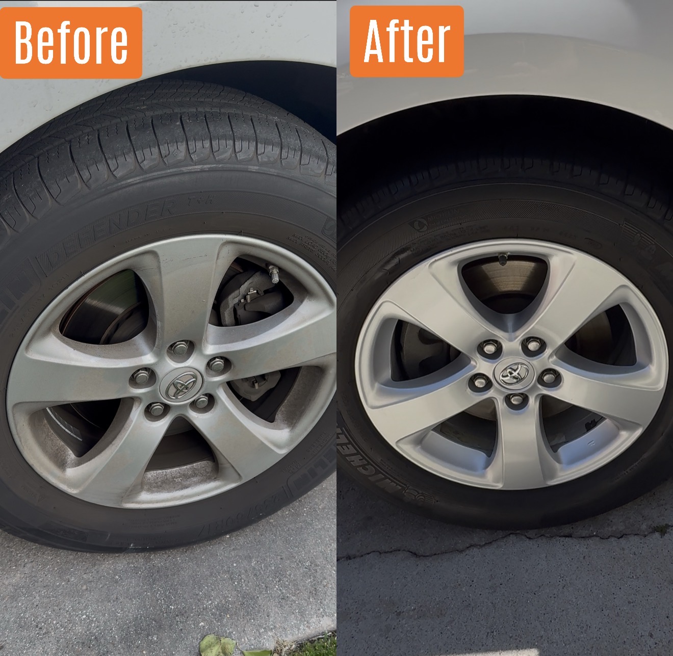 Before and after wheel and tire detail on a Toyota in Santa Clarita, CA