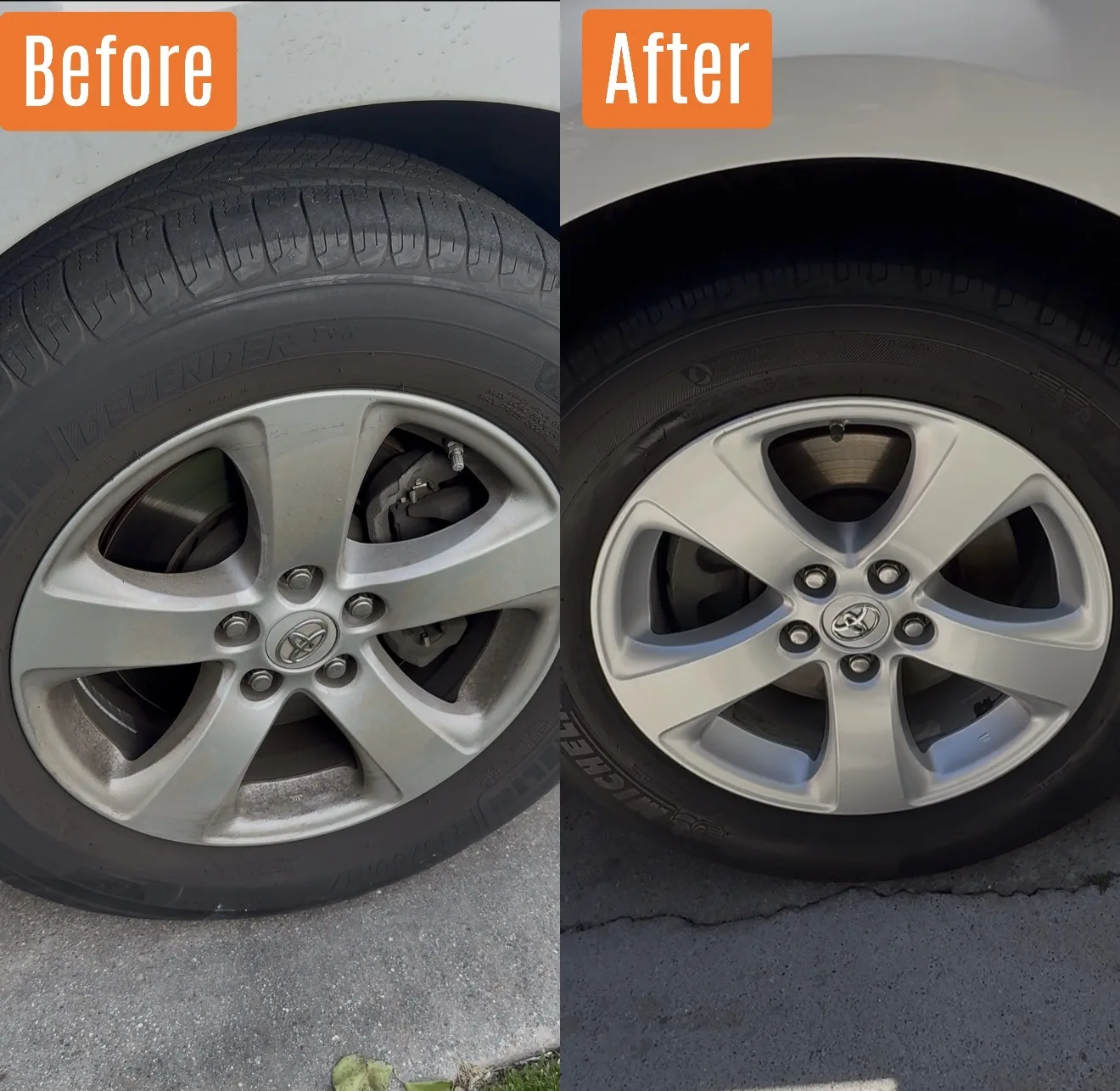 Before and after wheel and tire detail on a Toyota in Santa Clarita, CA