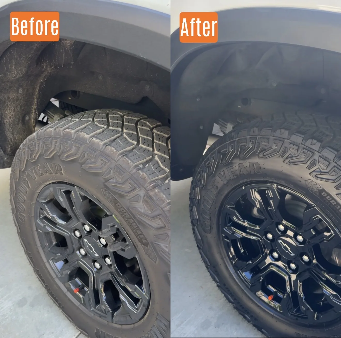 Before and after wheel well and tire detail on a mud-covered truck in Santa Clarita, CA